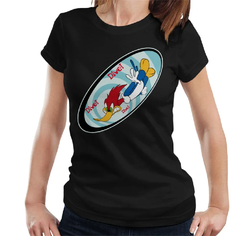 Woody Woodpecker Dive Dive Dive Women's T-Shirt Zippered Front Buttoned Front Snap Front Woody Woodpecker Dive Dive Dive Women's T-Shirt Zippered Front Buttoned Front Snap Front