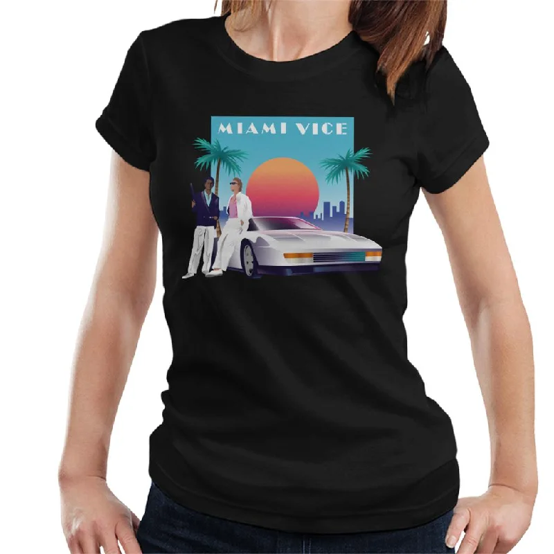 Miami Vice Sunset Women's T-Shirt Graphic Embroidered Appliqued
