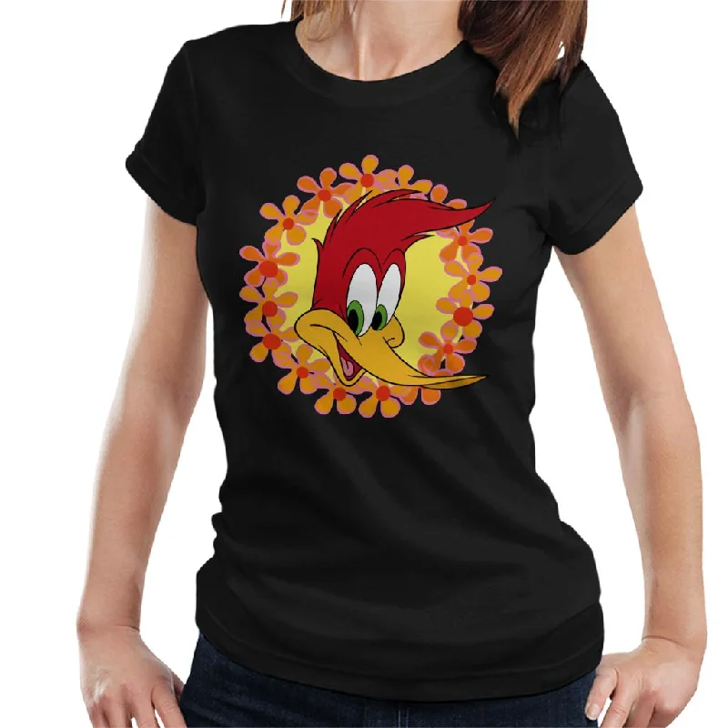 Woody Woodpecker Floral Border Women's T-Shirt Satin Blend Silk Blend Wool Blend