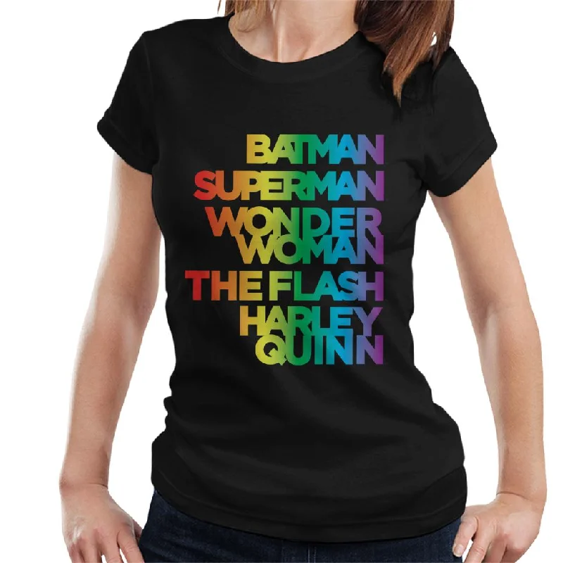 Justice League Characters Rainbow Women's T-Shirt Front Pockets Side Pockets Patch Pockets