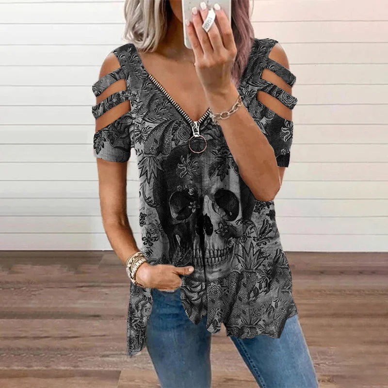 Wjczt Women's Western Style Printed V-neck Zipper Strapless Short-sleeved T-shirt Oversized Clothing Shirt Summer New Top T-shirt Plaid T-Shirt Polka Dot Checkered