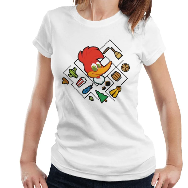 Woody Woodpecker Character Head With Icons Women's T-Shirt Striped Floral Plaid