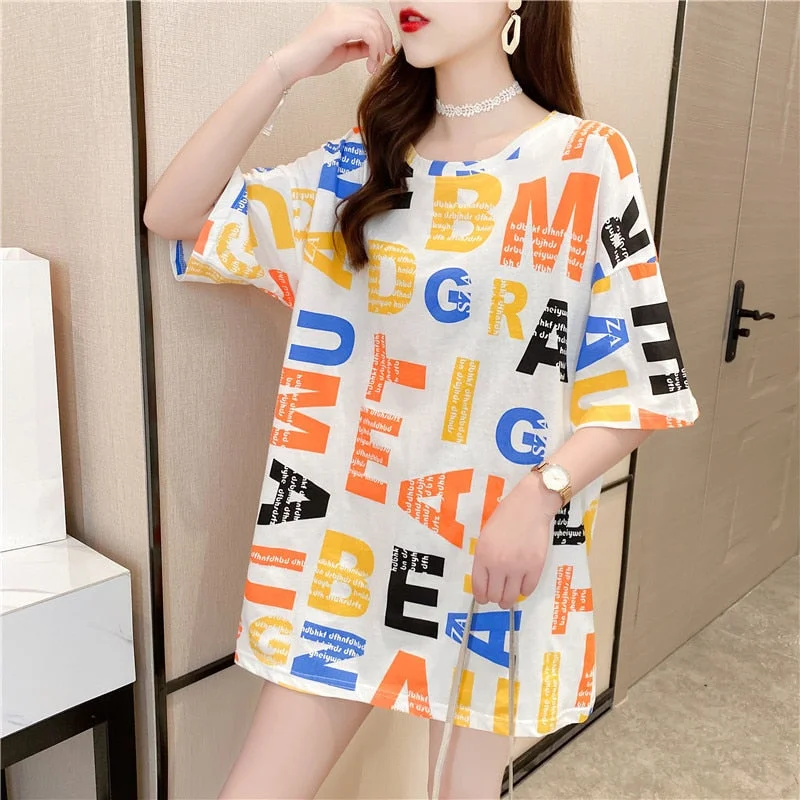 Wjczt Summer New Short-sleeved T-shirt Women's Mid-length Loose Top Clothes Girls Plus Size Women's Bottoming Shirt Graphic Tee 2022 Cozy Warm Stylish