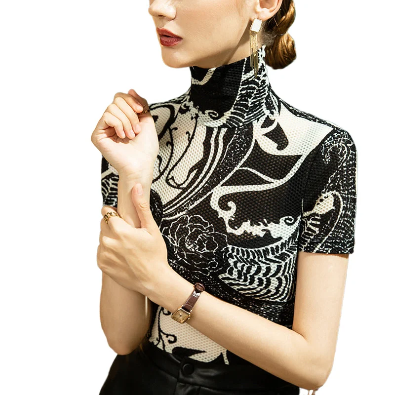Wjczt Women's Turtleneck Top Short Sleeve T-Shirt Summer 2022 Slim Fit Shirt Mesh Casual Lace Elastic Base Shirt Terry Blend Velvet Blend Canvas Blend