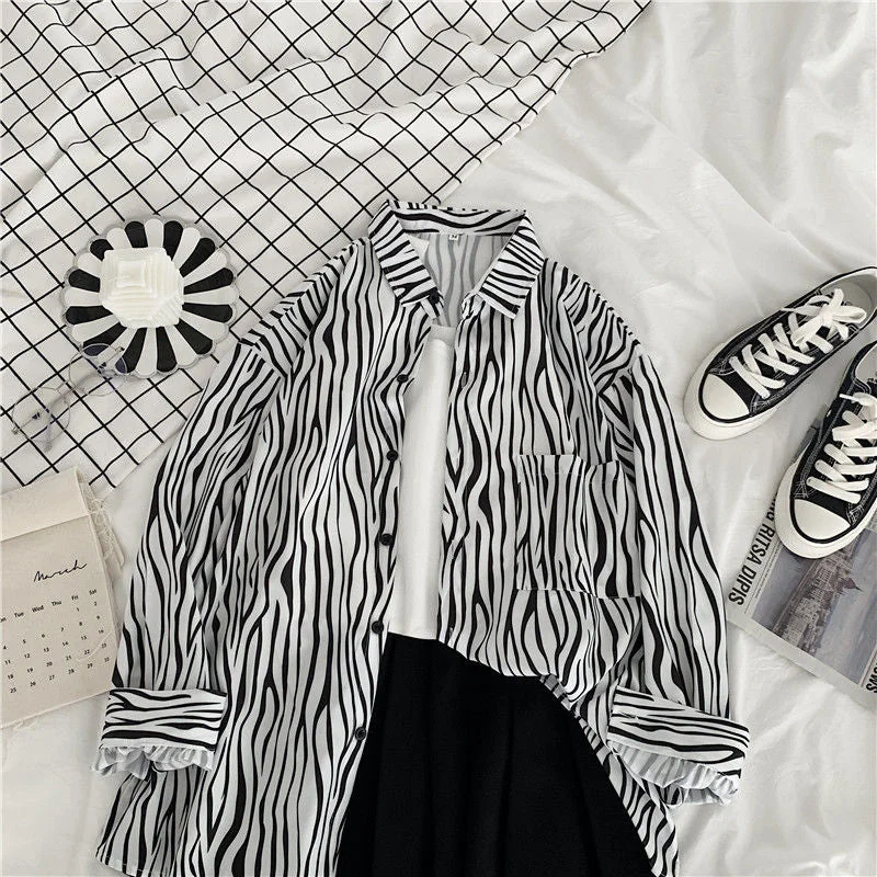 Wjczt Striped Tunic for Women Cotton Shirt Elegant Spring Summer Women Fashion Zebra Pattern Clothing for Women Chenille Blend Fleece Blend Nylon Blend