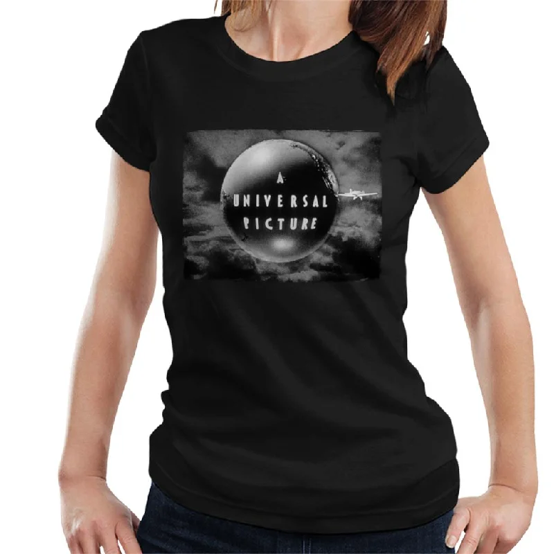 Universal Pictures 1927 Black And White Logo Women's T-Shirt Silk Blend Satin Velvet Universal Pictures 1927 Black And White Logo Women's T-Shirt Silk Blend Satin Velvet