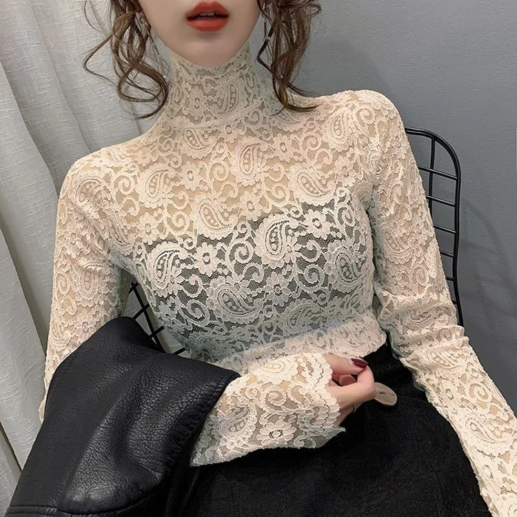 Wjczt Women's Lace Turtleneck Grenadine Tight Lace Shirt Sexy Top Blusas Ropa De Mujer Anti-Pilling Machine Wash Handmade