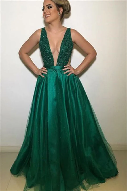 Sexy V-neck Tulle Sleeveless Prom Dresses | Straps Appliques Floor-length Party Dresses empire Waist empire Sexy V-neck Tulle Sleeveless Prom Dresses | Straps Appliques Floor-length Party Dresses empire Waist empire