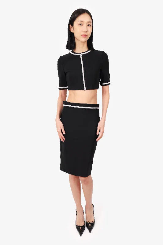 Mugler Black Faux Pearl Trim Crop Top Size 40 + Midi Skirt Size 42 Set Hooded Caped Shawl Collar Mugler Black Faux Pearl Trim Crop Top Size 40 + Midi Skirt Size 42 Set Hooded Caped Shawl Collar