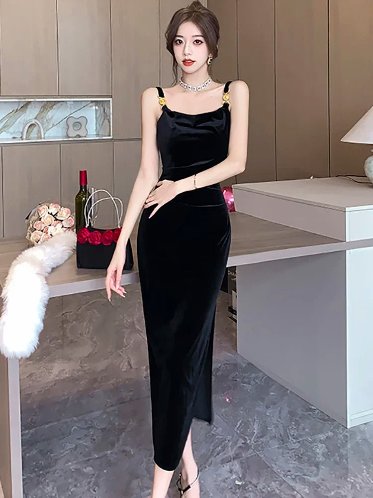 Black Velvet Backless Sexy Sling Slit Long Dress for Women Autumn Winter Elegant Dance Party Dress 2023 Korean Vintage Vestidos Tunics Solid Classic Black Velvet Backless Sexy Sling Slit Long Dress for Women Autumn Winter Elegant Dance Party Dress 2023 Korean Vintage Vestidos Tunics Solid Classic