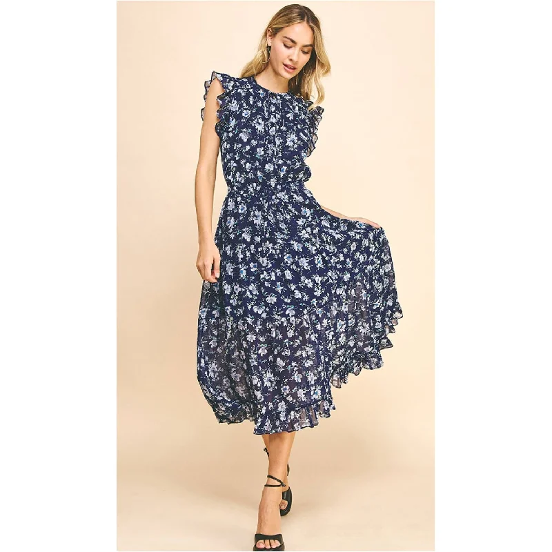 Basha Navy Floral Midi PINCH Dress Turtleneck Warm Winter