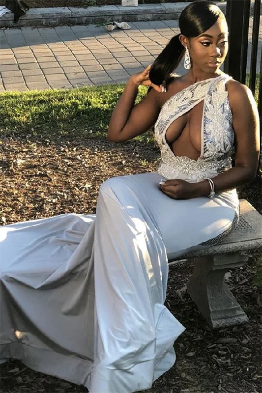 One-shoulder Flower Appliques Mermaid Prom Dresses | Charming Sleeveless Party Dresses A-Line Day Work One-shoulder Flower Appliques Mermaid Prom Dresses | Charming Sleeveless Party Dresses A-Line Day Work