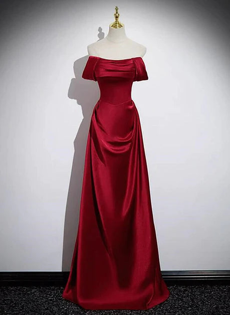 Elegant wine red satin shoulder length party dress with wine red A-line satin back strap and floor length evening dress Tunics Solid Classic Elegant wine red satin shoulder length party dress with wine red A-line satin back strap and floor length evening dress Tunics Solid Classic