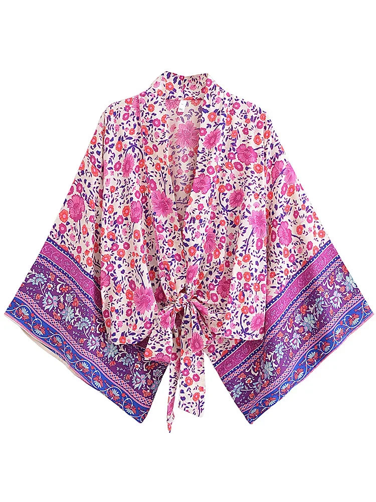 Sweet Pink Boho Floral Print Crop Top Graphic Embroidered Appliqued