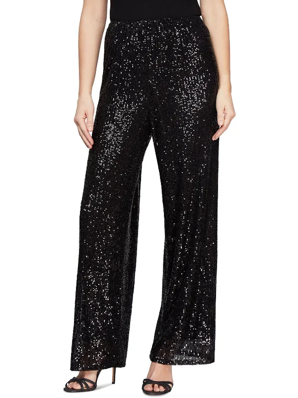Womens Sequined High Rise Wide Leg Pants Comfy Zip-Up Pants