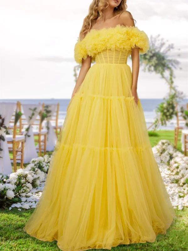 A-Line/Princess Off-the-Shoulder Long Tulle Prom Evening Party Dresses with Ruffles Tunics Handmade artisanal A-Line/Princess Off-the-Shoulder Long Tulle Prom Evening Party Dresses with Ruffles Tunics Handmade artisanal