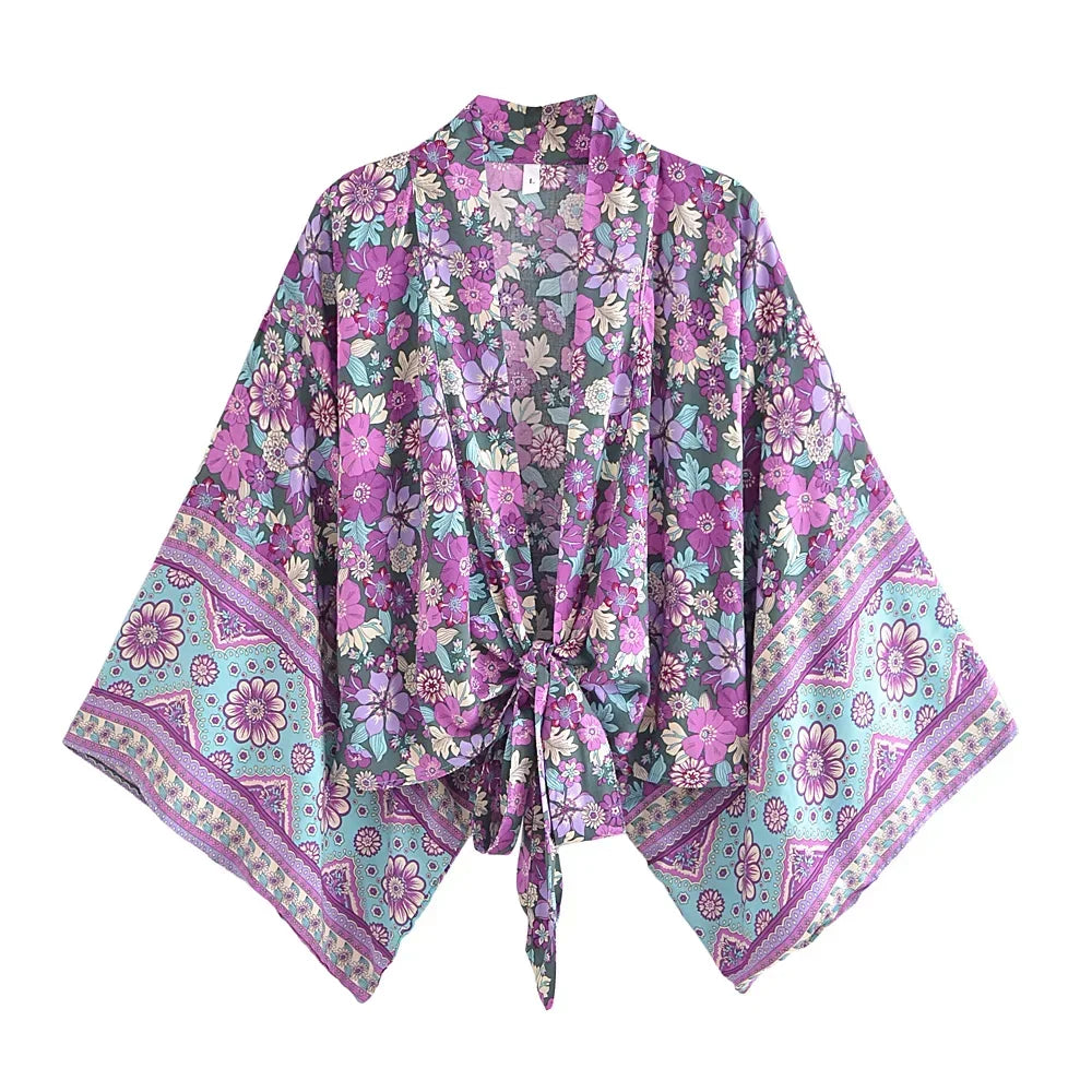 Amethyst Bloom Boho Floral Print Crop Top Beaded Sequined Faux Fur