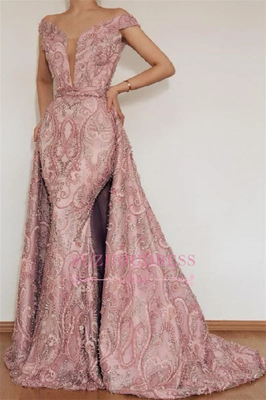 Pink Lace Appliques Mermaid Prom Dresses | Detachable Off-The-Shoulder Party Dresses Mermaid Tail Wedding Pink Lace Appliques Mermaid Prom Dresses | Detachable Off-The-Shoulder Party Dresses Mermaid Tail Wedding