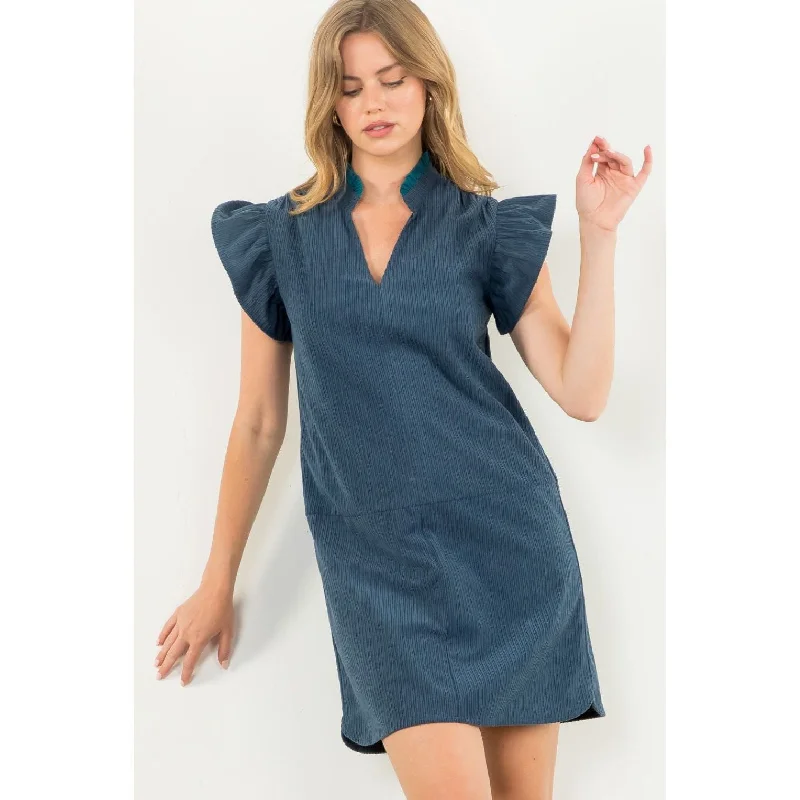 Liz Teal Flutter Sleeve Corduroy THML Dress Turtleneck Neckline Stylish