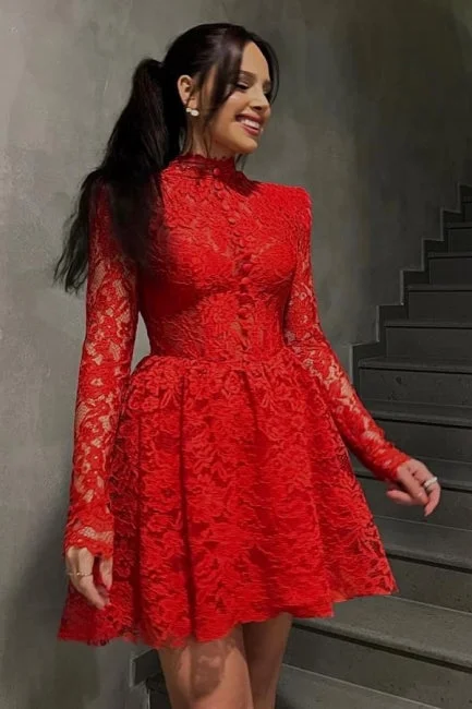 Red A-Line Short Lace Long Sleeve Cocktail Dress Party Dresses Tunics Winter warm