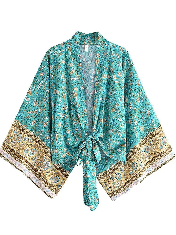Mystic Teal Boho Floral Print Crop Top Real Fur Shearling Chenille