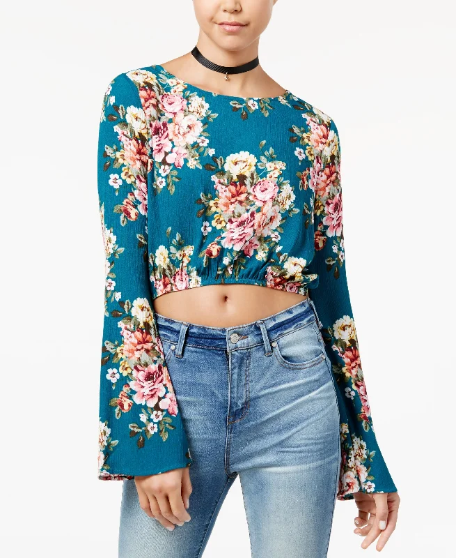Polly Esther Juniors Printed Split Back Crop Top Graphic Embroidered Appliqued
