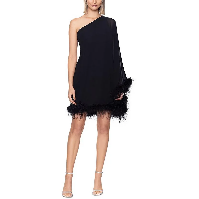 Womens Feather Trim Mini Cocktail And Party Dress A-Line Day Work