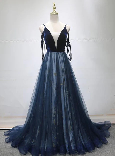Elegant blue A-line shoulder strap backless chiffon long evening dress party dress, blue deep V-neck chiffon printed evening dress Tunics Chinos classic Elegant blue A-line shoulder strap backless chiffon long evening dress party dress, blue deep V-neck chiffon printed evening dress Tunics Chinos classic
