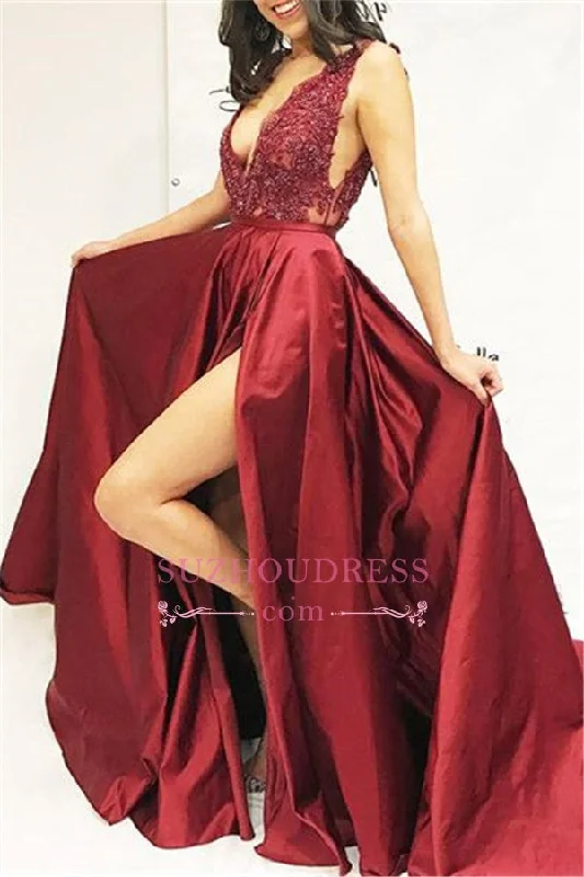 Sexy V-Neck Appliques Slit Prom Dresses | Burgundy Sleeveless A-Line Party Dresses Shift Classic Vintage Sexy V-Neck Appliques Slit Prom Dresses | Burgundy Sleeveless A-Line Party Dresses Shift Classic Vintage