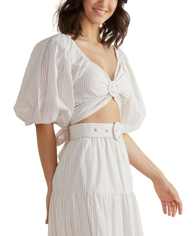 Women's Lune Cotton Puff-Sleeve Crop Top Front Pockets Side Pockets Patch Pockets