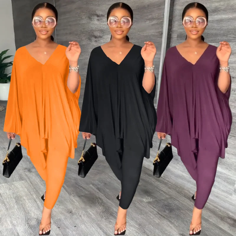 Fashion Women Casual Loose V-Neck Dolman Sleeve Top And Skiny Pants Two-Piece Set Chic Checkered Pants