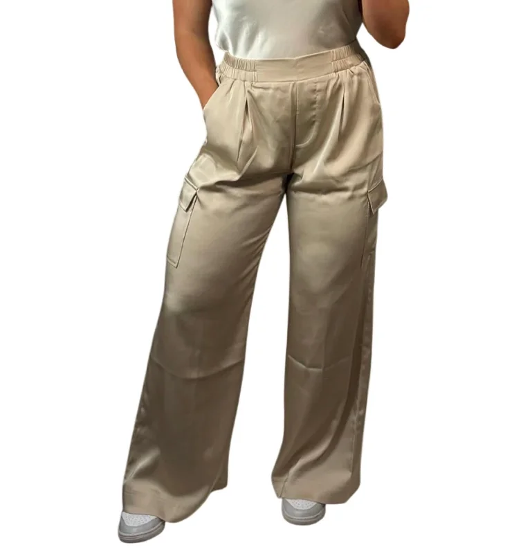 Pull On Satin Cargo Pant In Beige Elegant Wool Trousers