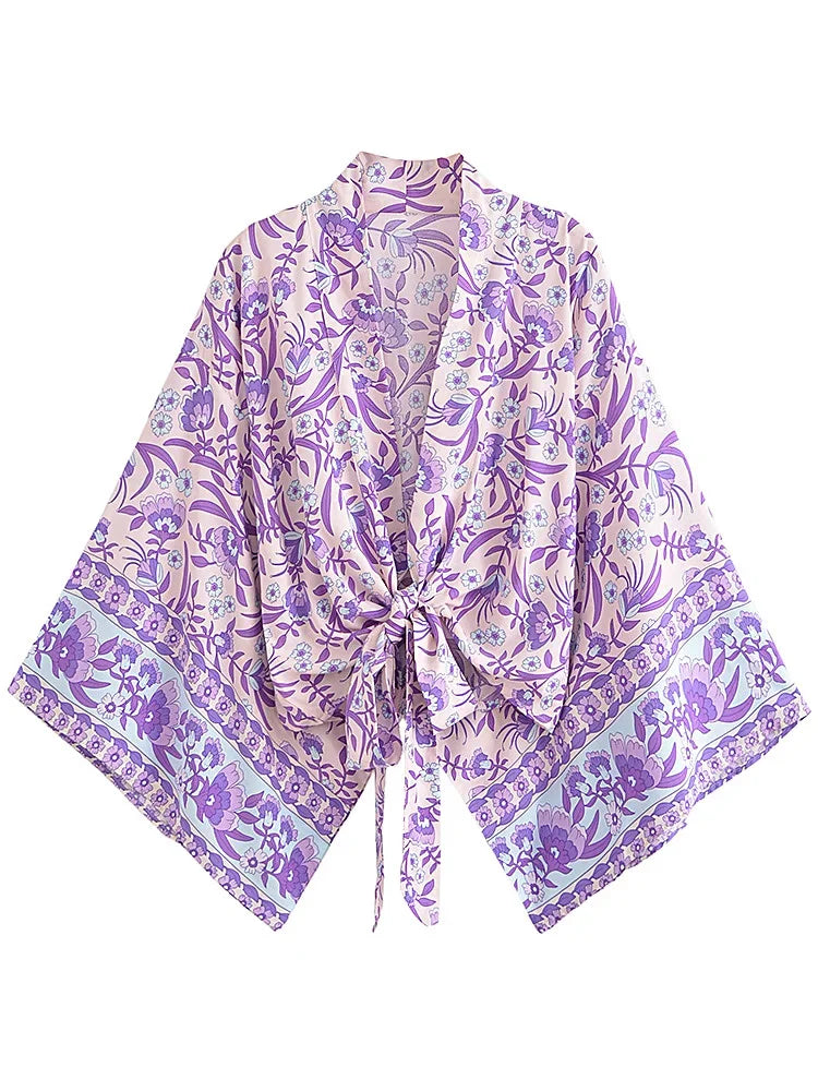 Lavender Bliss Boho Floral Print Crop Top Fashionable Trendy Casual