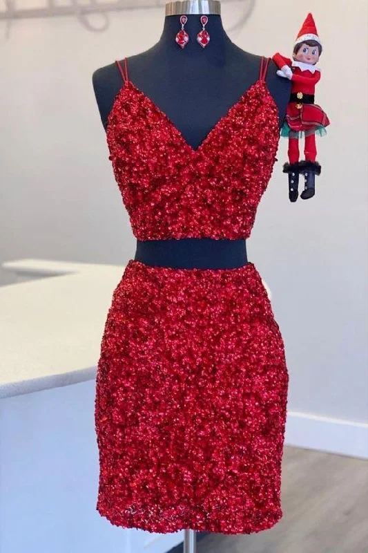 Two Piece Red Sequined Homecoming Dress, V-neck Tight Party Dress,Short Prom Dresses sweetheart Neckline Romantic Two Piece Red Sequined Homecoming Dress, V-neck Tight Party Dress,Short Prom Dresses sweetheart Neckline Romantic