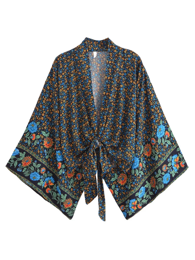 Moonlight Navy Boho Floral Print Crop Top Notch Collar Peter Pan Collar Cowl Neck