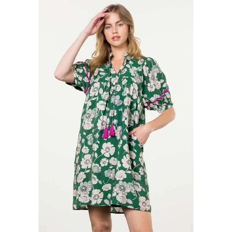 Aurora Puff Sleeve Flower Print Midi THML Dress Tunics Gym athletic