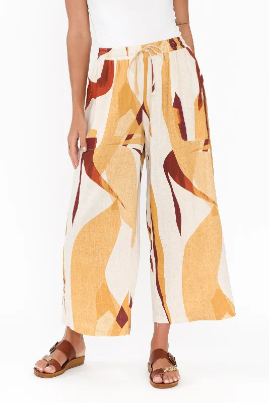 Minnelli Beige Abstract Linen Cotton Pants Soft Stretch Leggings