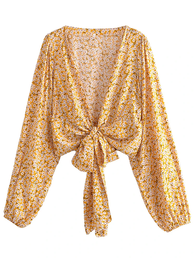 Golden Bloom Boho Floral Print Long Sleeve Crop Top Boxy Fit Fitted Loose