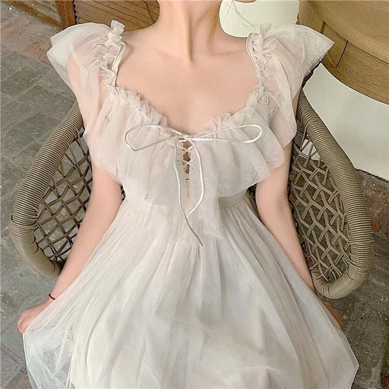 Sweet Kawaii Fairy Princess Mesh Dress Elegant White Spaghetti Strap Off Shoulder Party Dresses Woman Vacation Turtleneck Neckline Stylish Sweet Kawaii Fairy Princess Mesh Dress Elegant White Spaghetti Strap Off Shoulder Party Dresses Woman Vacation Turtleneck Neckline Stylish