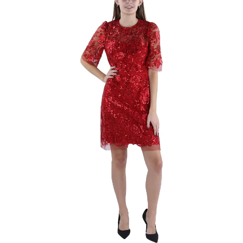 Womens Sequined Floral Cocktail And Party Dress Boat Neckline Classic