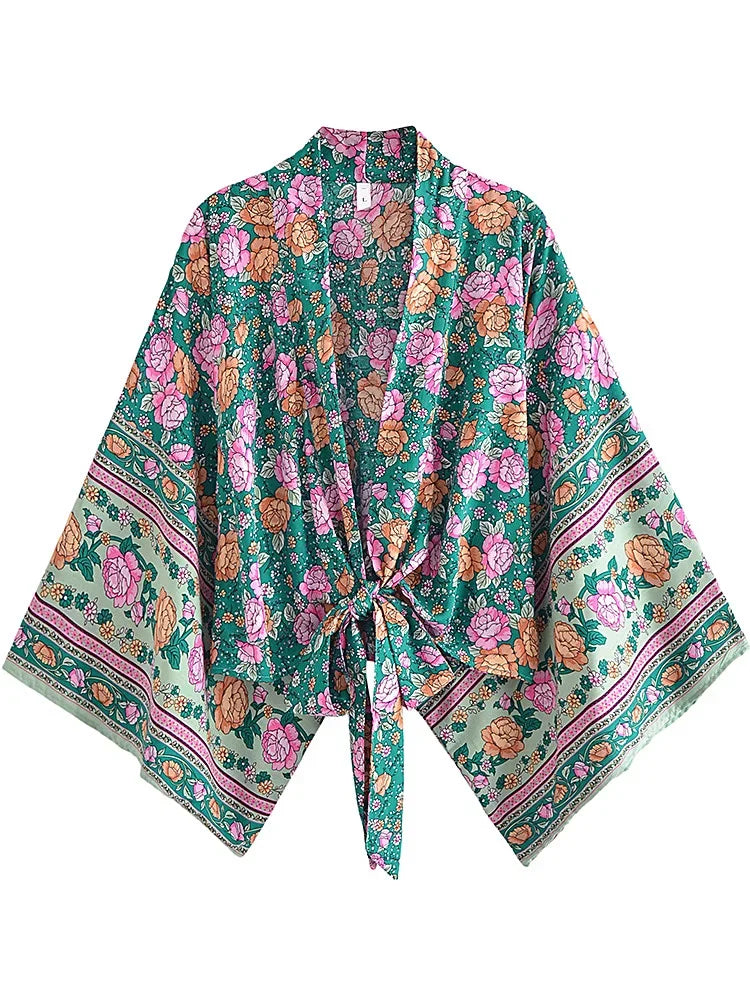 Teal Garden Boho Floral Print Crop Top Machine Wash Dry Clean Hand Wash