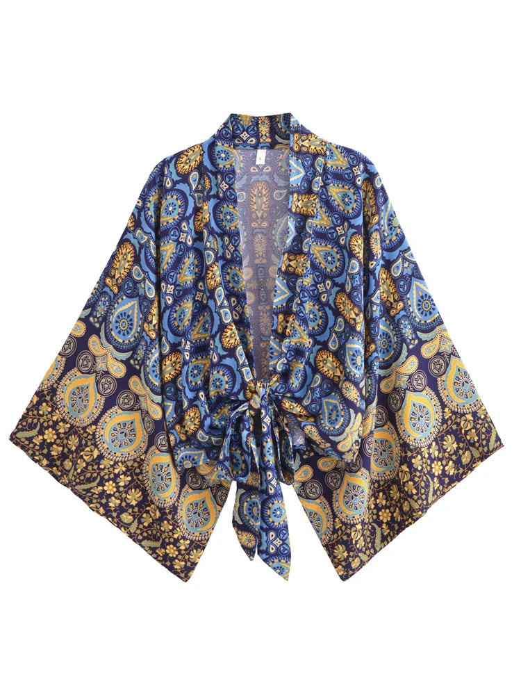 Dark Blue Boho Floral Print Crop Top Polka Dot Checkered Tartan