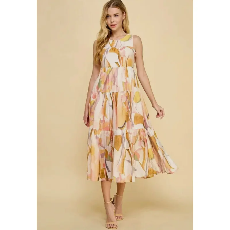 Colleen Floral Open Back Tiered Midi TCEC Dress-SALE Tunics Office stylish