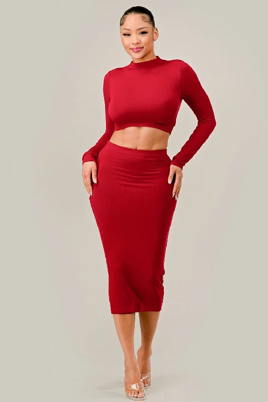 Solid Crew Crop Top and Midi Skirt Set Mesh Blend Leather Blend Suede Blend
