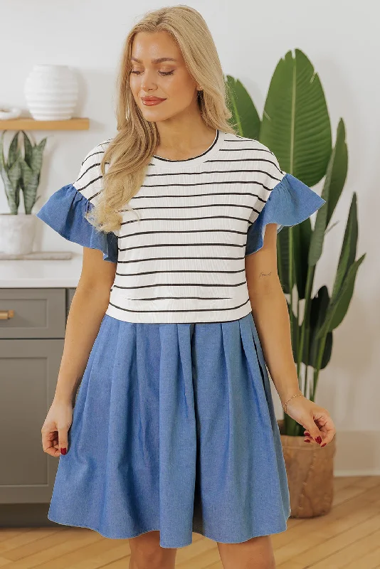 Stripe Denim Patchwork Dress Crew Neckline Sporty