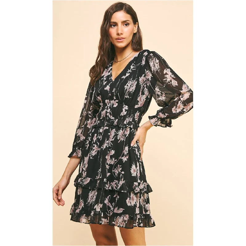 Clara Black Printed PINCH Dress Cowl Neckline Elegant