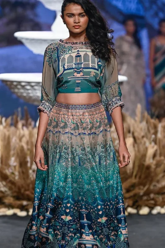 OMBRÉ MOR FUAARA PRINTED LEHNGA TEAMED WITH A DOLMAN SLEEVES CROP TOP Houndstooth Herringbone Solid OMBRÉ MOR FUAARA PRINTED LEHNGA TEAMED WITH A DOLMAN SLEEVES CROP TOP Houndstooth Herringbone Solid