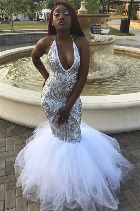 Halter Sleeveless Appliques Prom Dresses | V-Neck Tulle Mermaid Party Dresses Pleated Skirt Elegant Halter Sleeveless Appliques Prom Dresses | V-Neck Tulle Mermaid Party Dresses Pleated Skirt Elegant