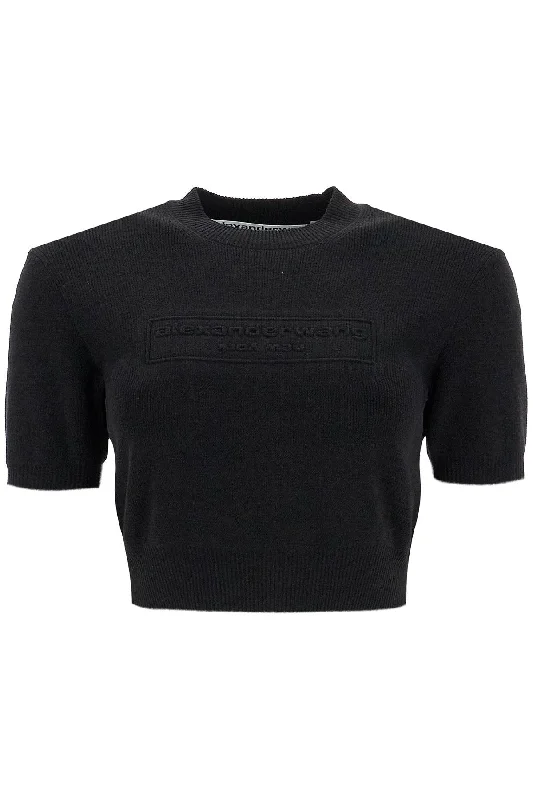 Logo Embossed Crop Top  - Black Wool Fabric Cashmere Fabric Tweed Fabric
