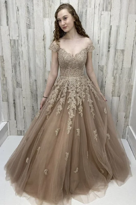 Princess Off Shoulder Champagne Lace Tulle Long Prom Dress,Evening Gown,Party Dress Tunics Brand named Princess Off Shoulder Champagne Lace Tulle Long Prom Dress,Evening Gown,Party Dress Tunics Brand named
